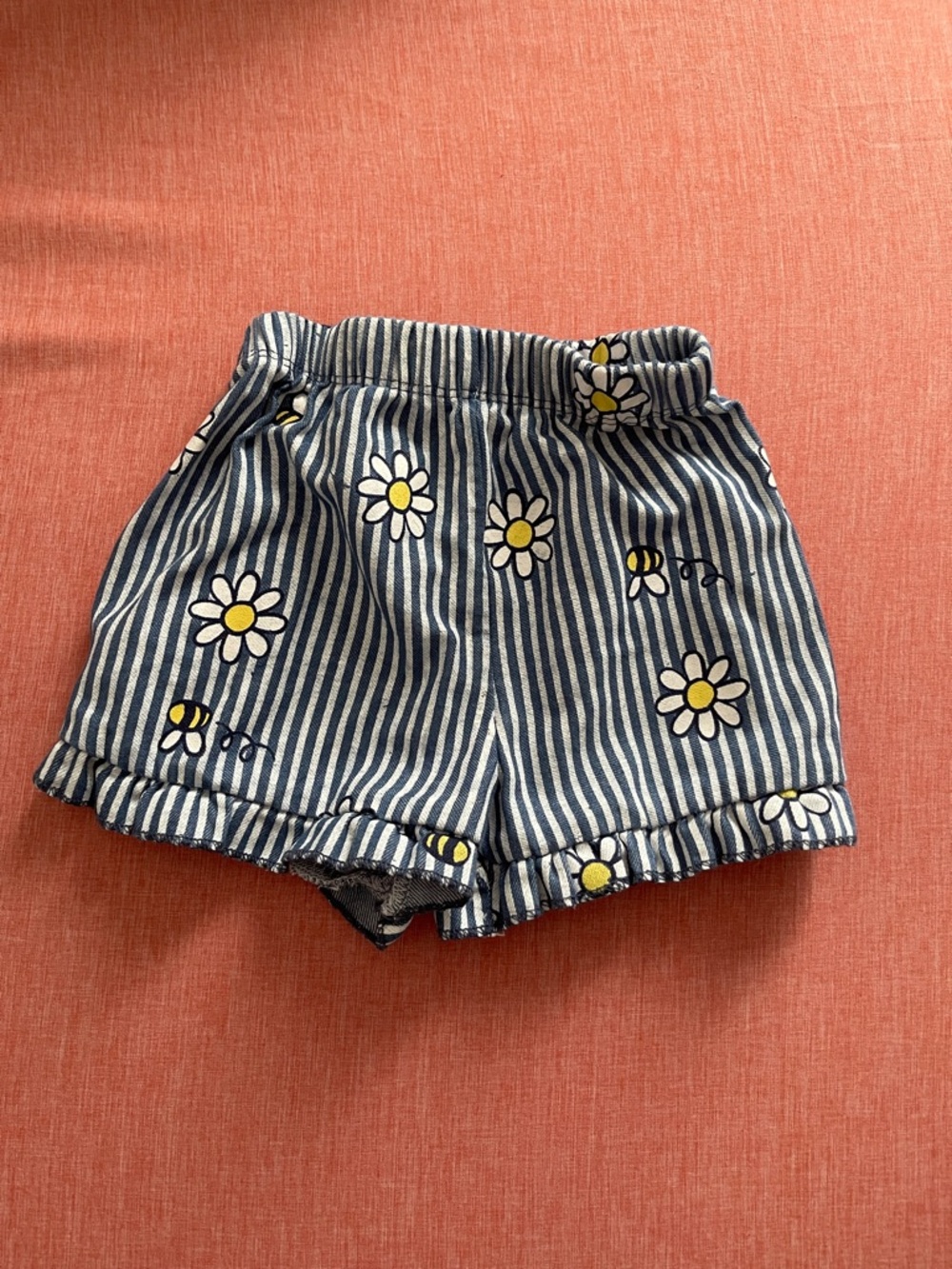 Disney Navy and White Striped Daisy Print Shorts with Yellow Accents